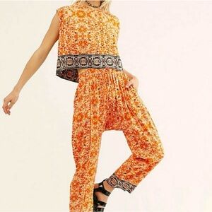 Free People Make My Day Tapestry Lounge Set Orange Top Harem Pants Boho Hippie S